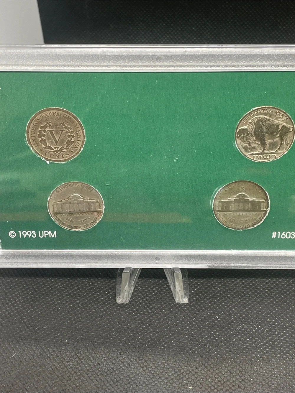 Nickels of the 20th Century Display  1900 V, 1934 Buffalo,1939 Jefferson1943S AG